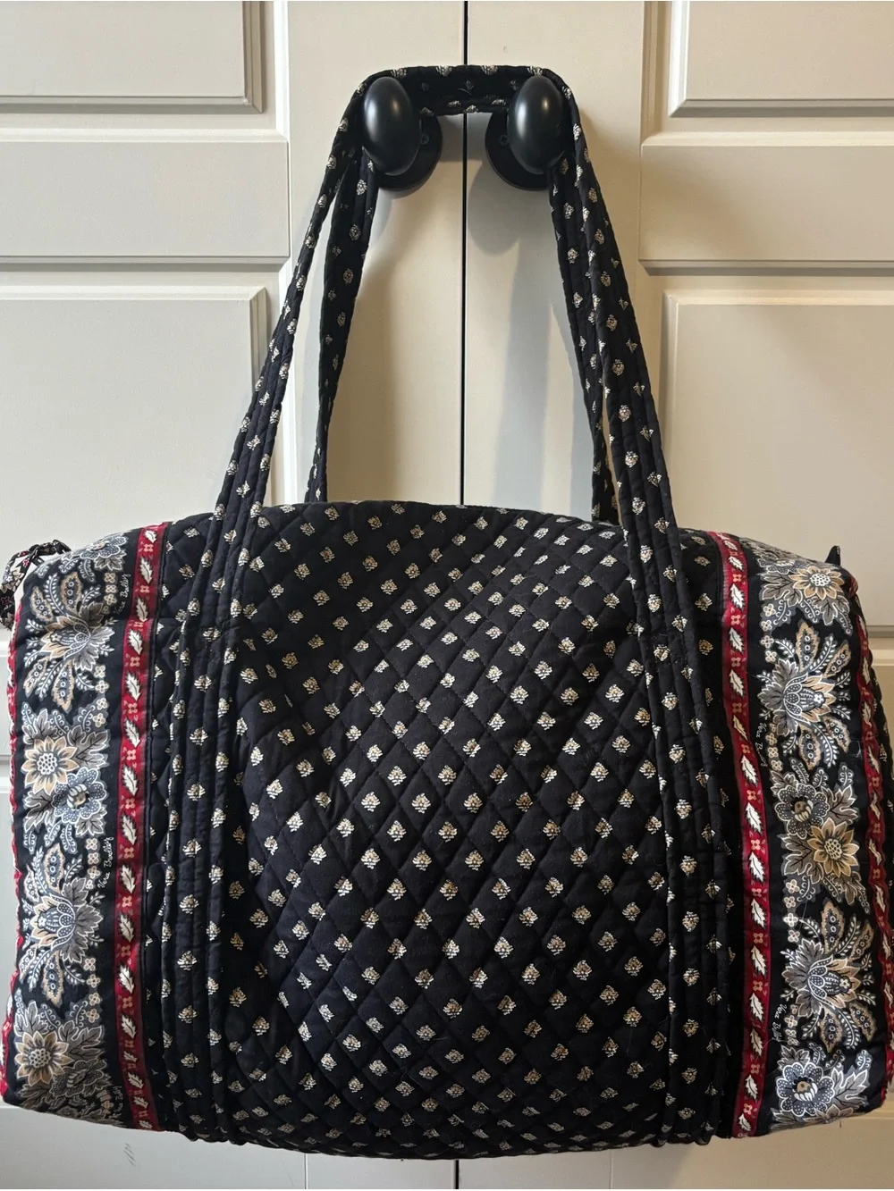 Vera Bradley Black Quilted Travel Duffel with Red and Cream Floral Trim